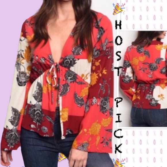 Burgundy Coral Multicolor Bell Sleeve Tie Top - Picture 2 of 8